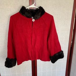 Vintage Red Christmas / Winter Coat w/ Black Faux Fur Cuffs and Collar, XL